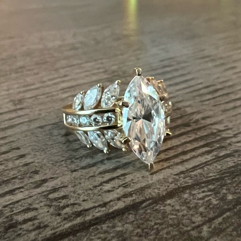 Diamonique Gold Marquise Cut Ring with Art Deco Elegance - Picture 2 of 15